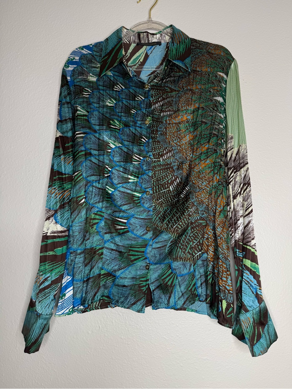 Roberto Cavalli Teal Blue Green Peacock Print Silk Blouse Italy 44 (M)